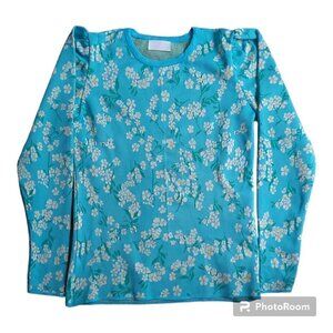 Savida Women's Light Blue Floral Ruched Shoulders Jersey Shirt - Size Small